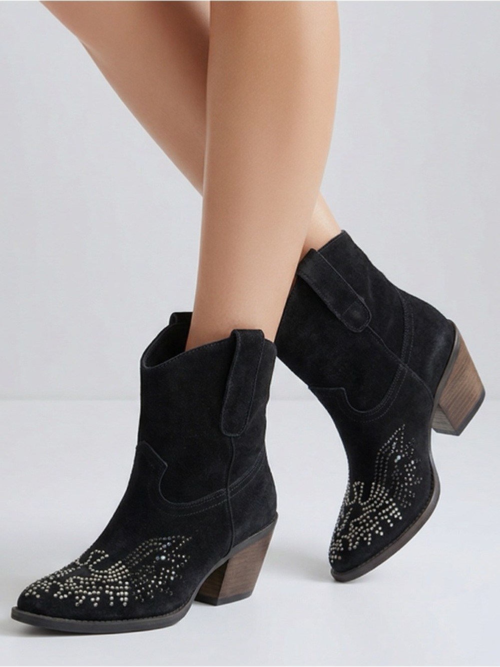 Reba Black Suede AB Studded Cowgirl Western‎ Ankle Boots Size 6.5 M